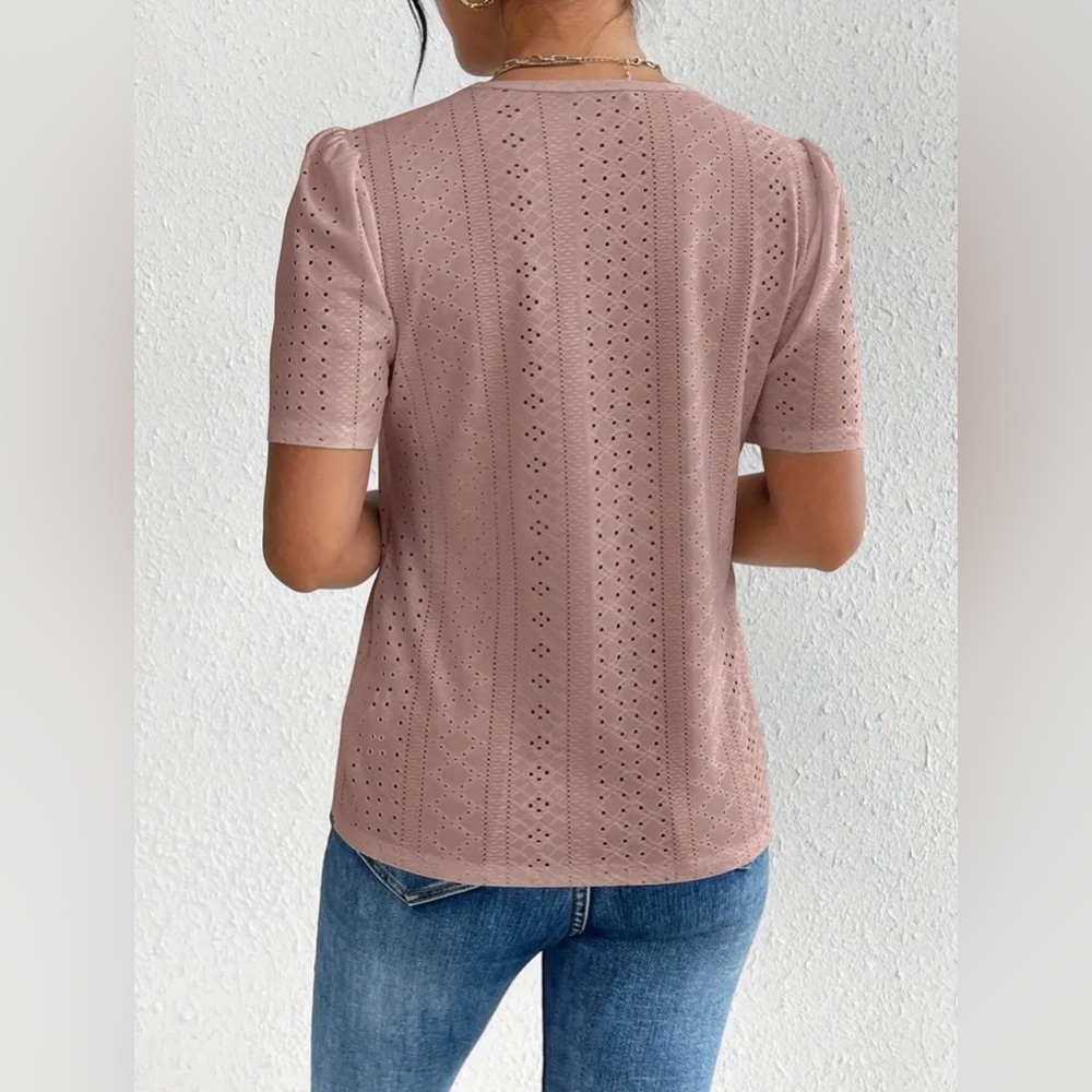 Passion Eyelet Crew Neck T-shirt, Casual  Slim Top - Picture 2 of 4